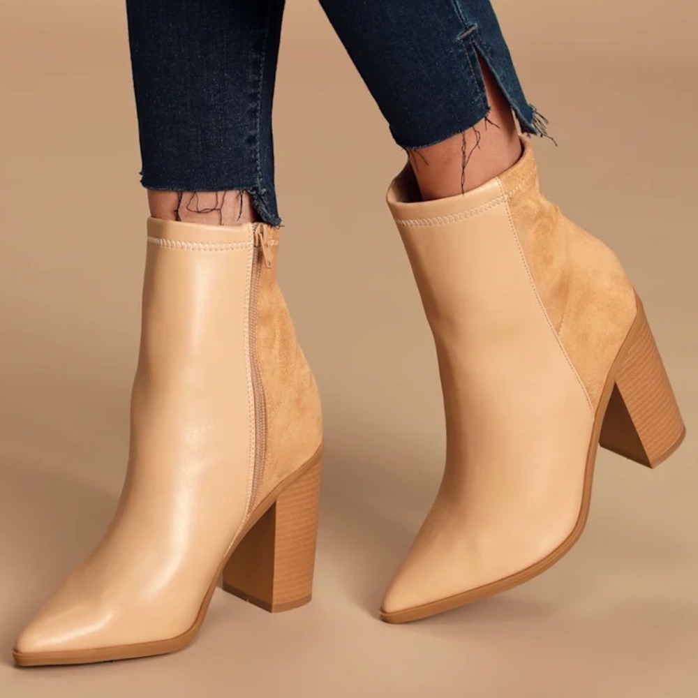 Lulus | Essex Tan Nude Mid-Calf Suede Pointed Toe Block Heel Ankle Boots, 5.5